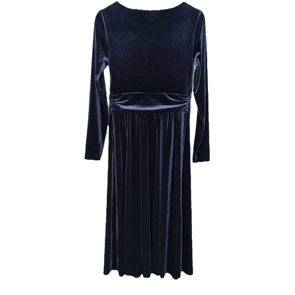 BODEN Lois Velvet Midi Dress Navy Blue US 4R UK 8R Long Sleeve Unlined Stretchy - Picture 6 of 11
